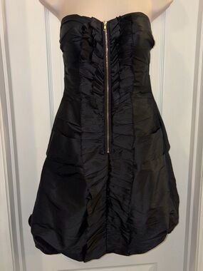 Phoebe Couture Black Strapless Ruffled Cocktail Dress with Gold Zip vintage